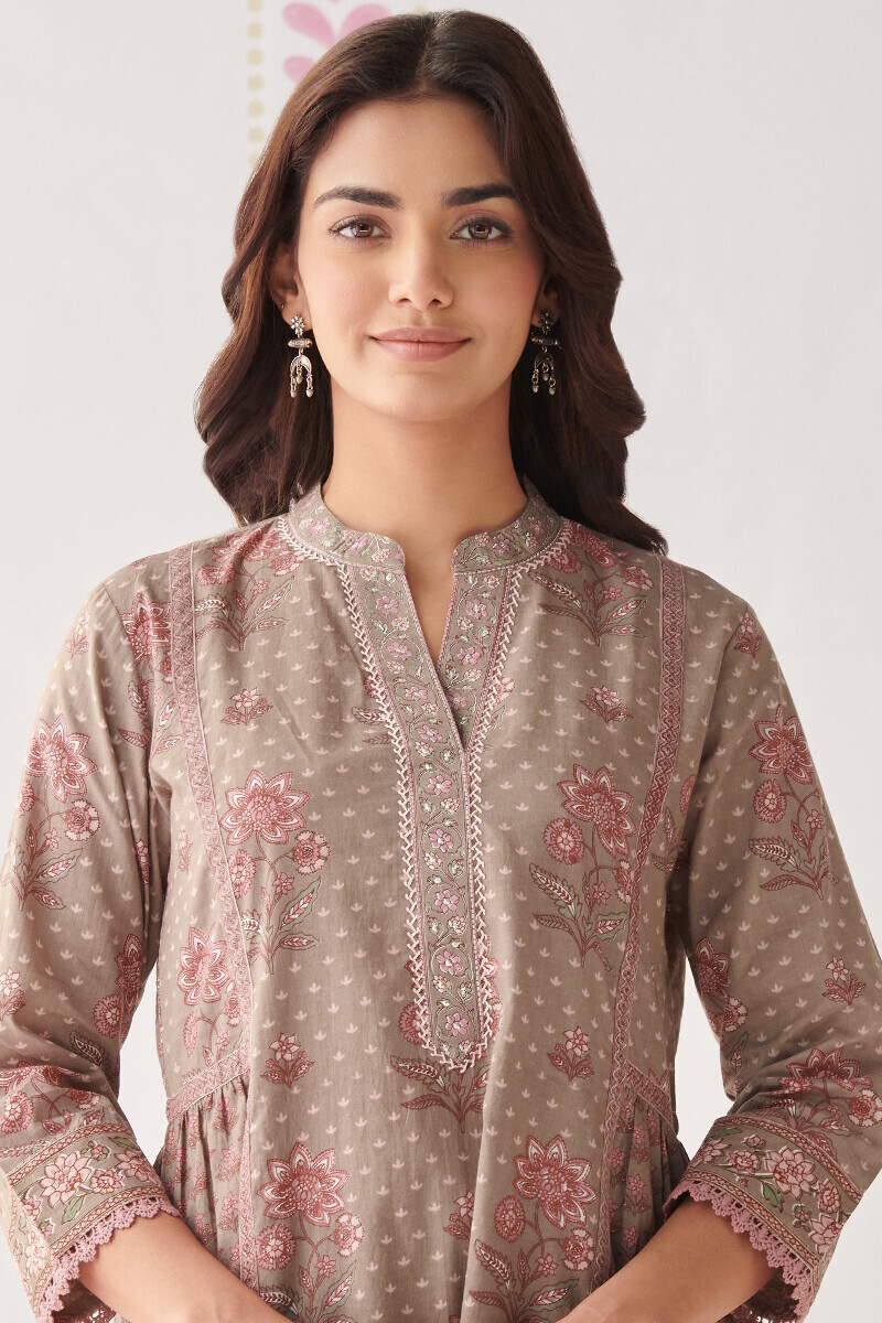 Grey Hand Printed A-Line Cotton Kurta