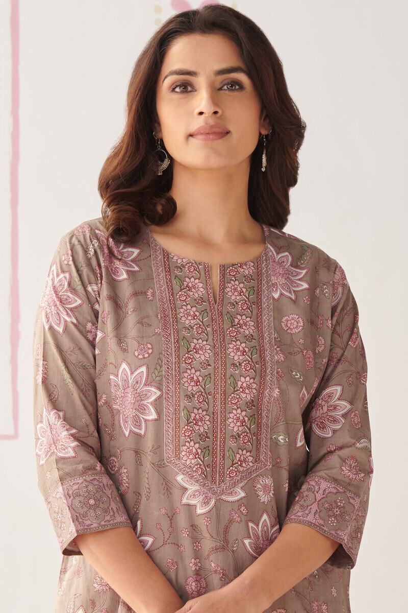 Grey Hand Printed Cotton Kaftan