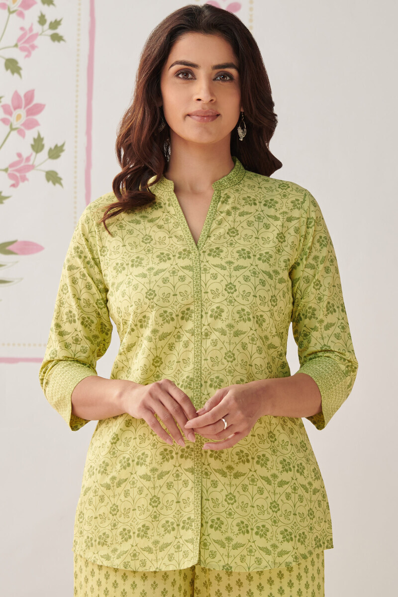 Lime Green Hand Printed Cotton Loungewear Set