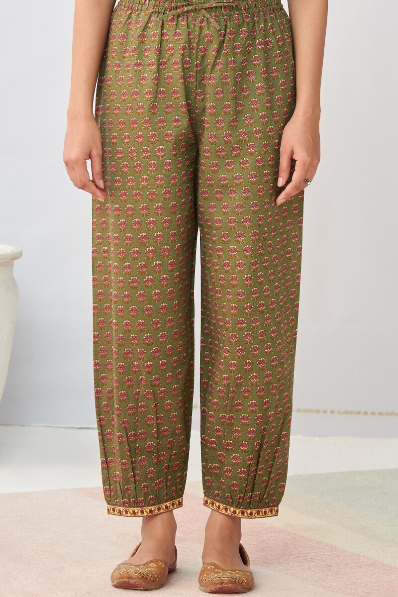 Olive Green Hand Printed Cotton Izhaar Pants