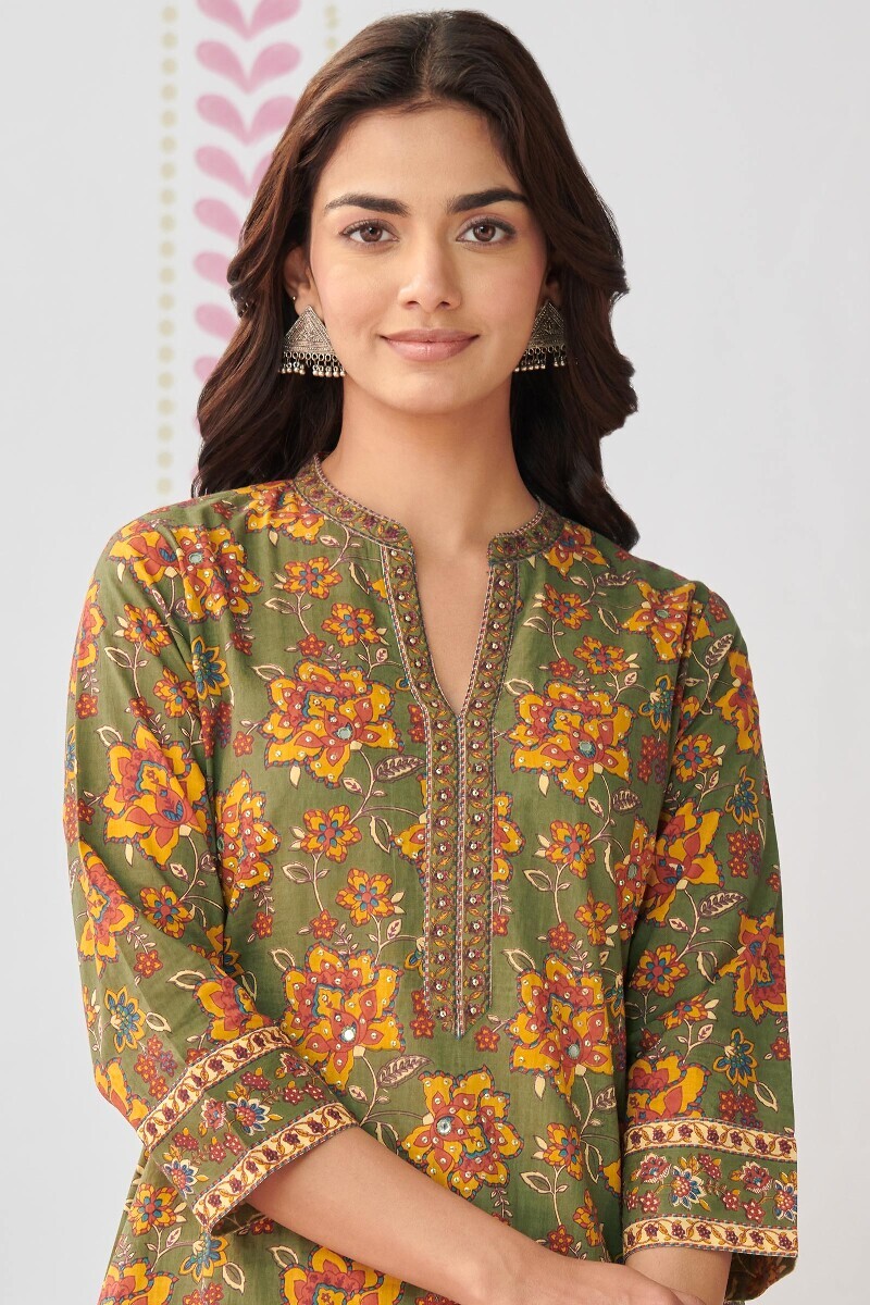 Olive Green Hand Printed Straight Cotton Kurta