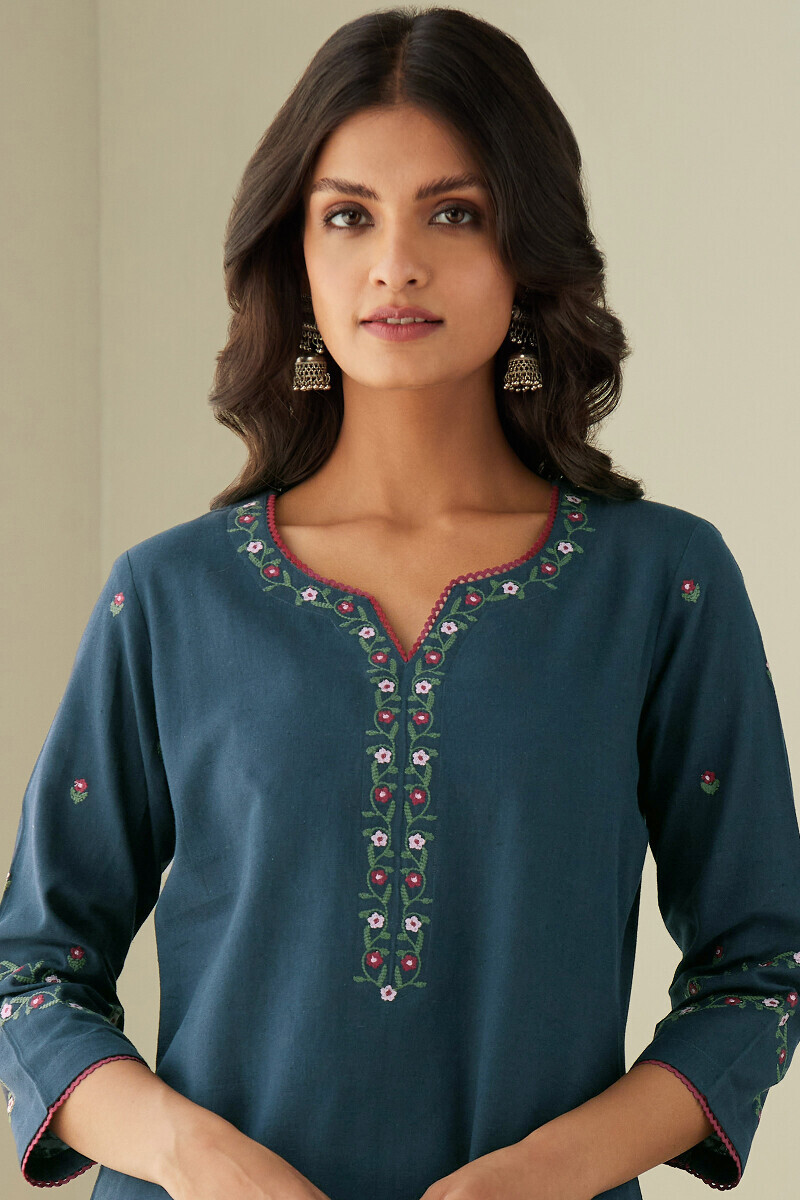 Twilight Blue Handcrafted Straight Cotton Flax Kurta