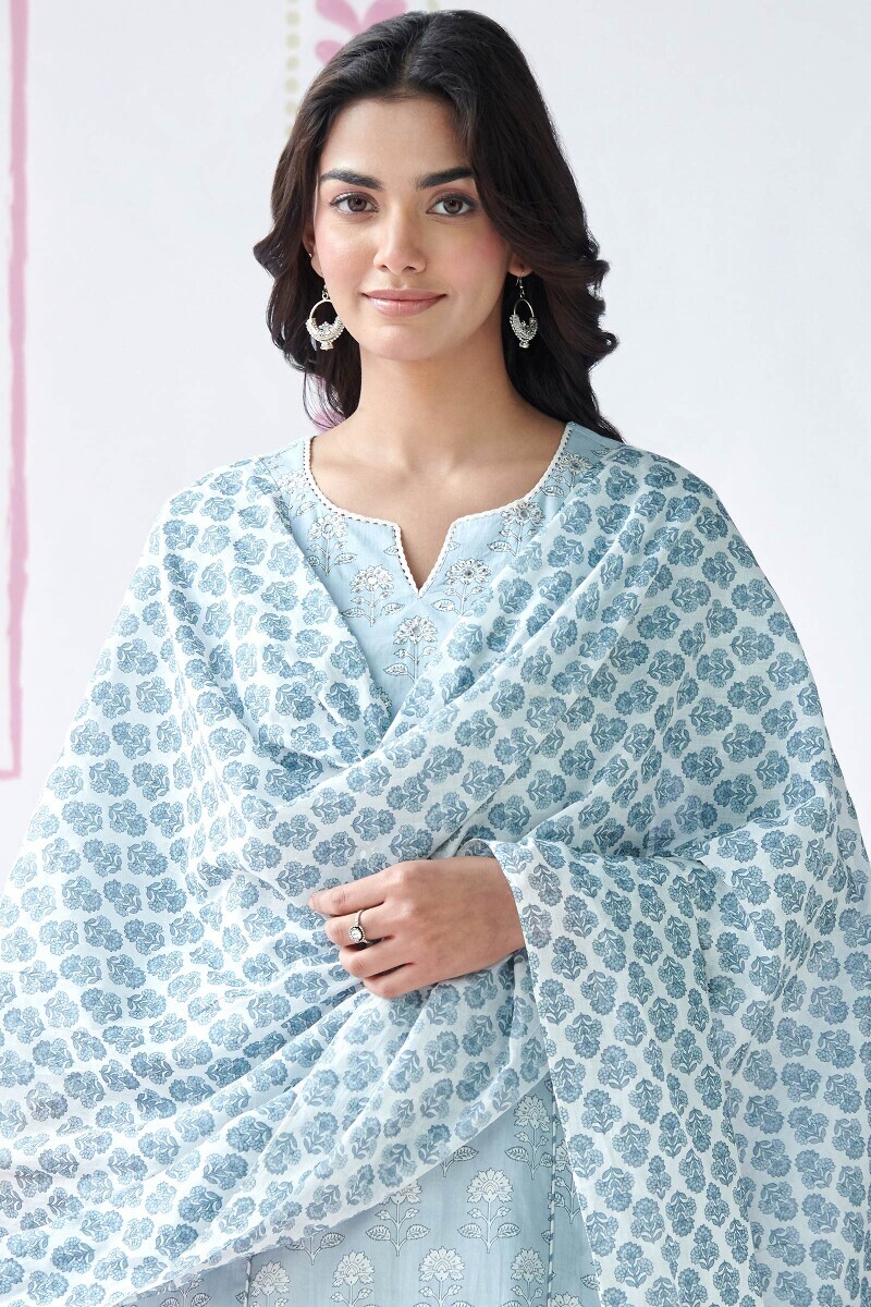 White Hand Printed Cotton Mul Dupatta