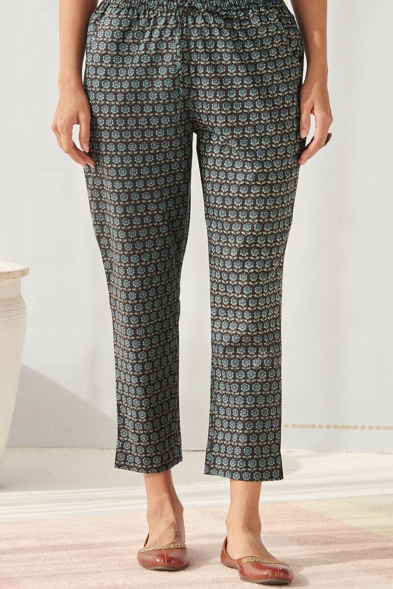 Black Hand Printed Cotton Narrow Pants
