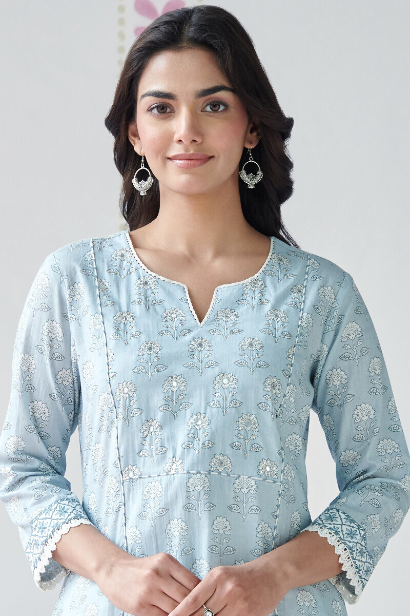 Blue Hand Printed Straight Cotton Kurta
