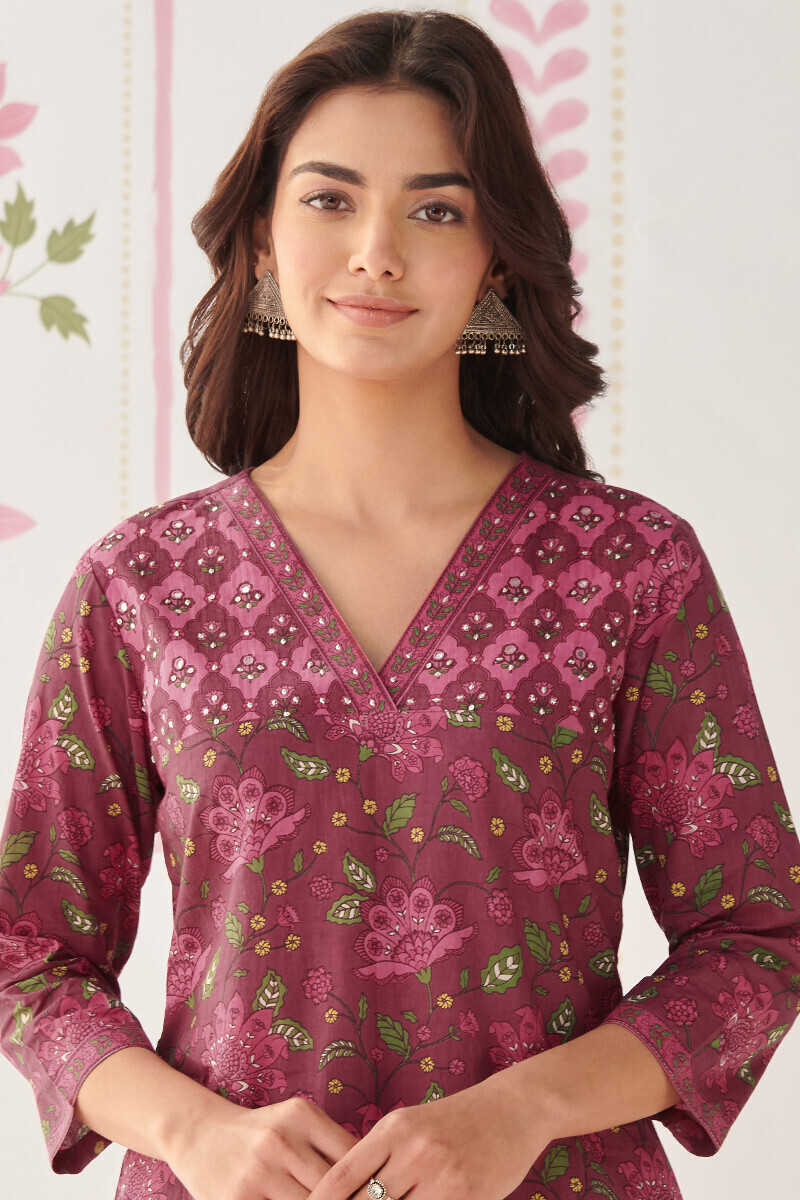 Mauve Hand Printed Straight Cotton Kurta