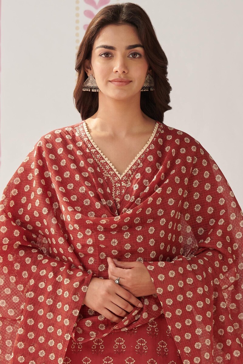 Red Hand Printed Kota Dupatta