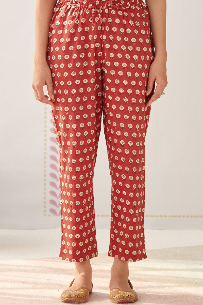 Red Hand Printed Cotton Narrow Pants