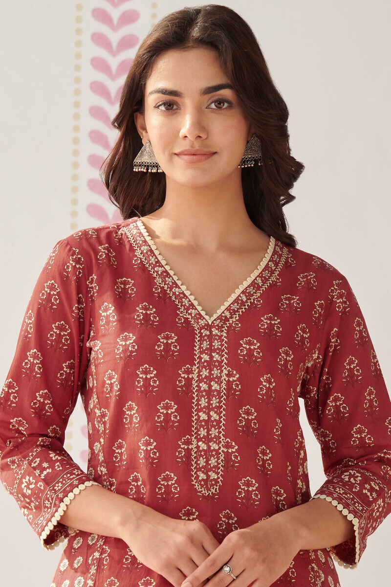 Red Hand Printed Straight Cotton Kurta