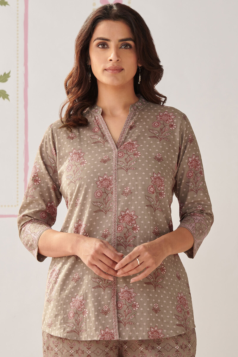 Grey Hand Printed Cotton Loungewear Set