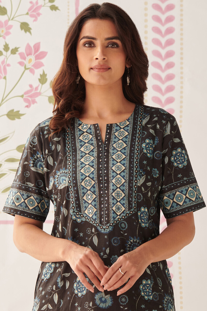 Black Hand Printed Cotton Kaftan