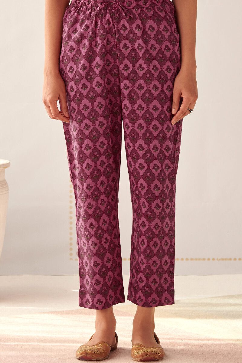 Pink Hand Printed Cotton Narrow Pants