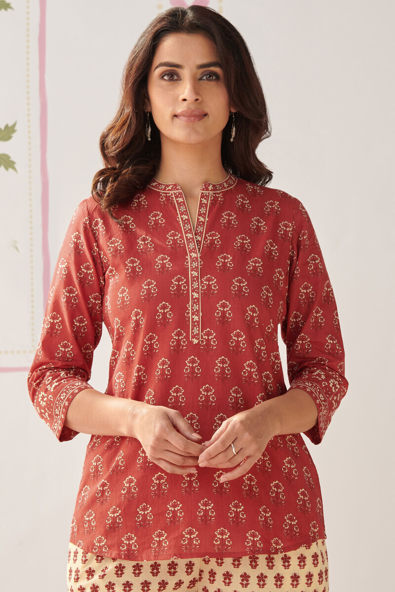 Red Hand Printed Cotton Loungewear Set