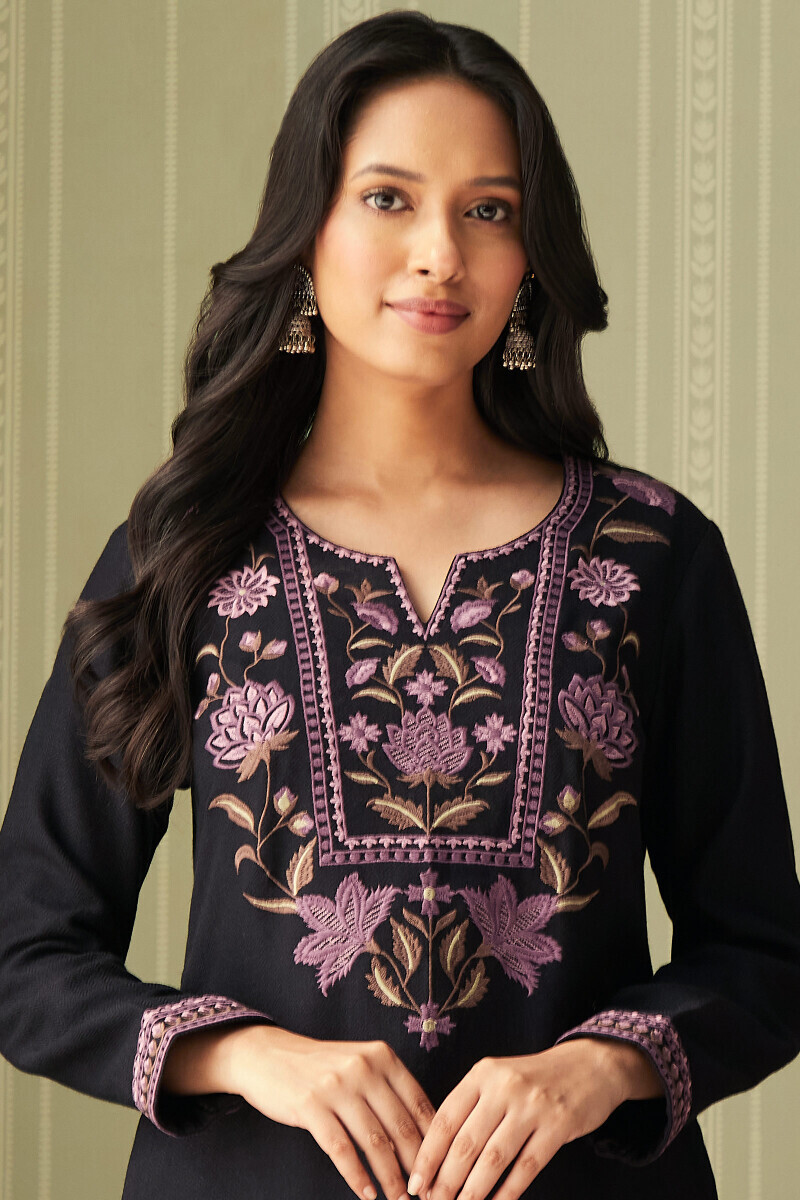 Black Handcrafted Straight Faux Wool Kurta