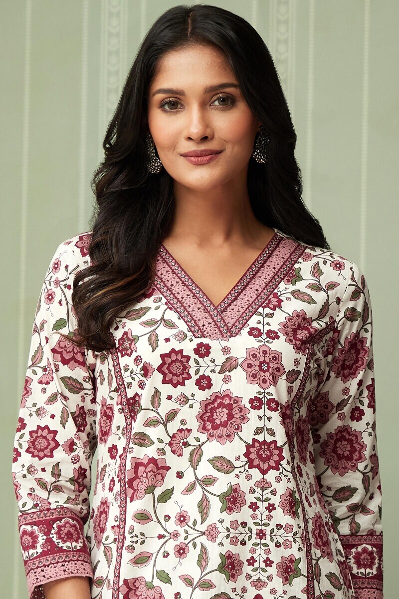 Off-White Hand Printed Straight Cotton Kurta