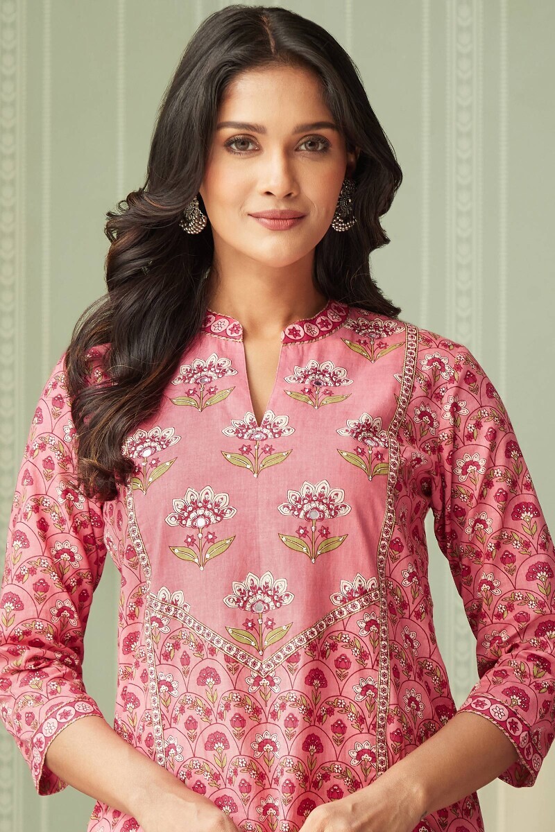 Pink Hand Printed Straight Cotton Kurta