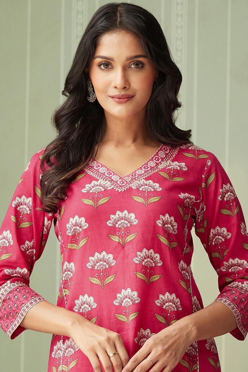 Pink Hand Printed Straight Cotton Kurta
