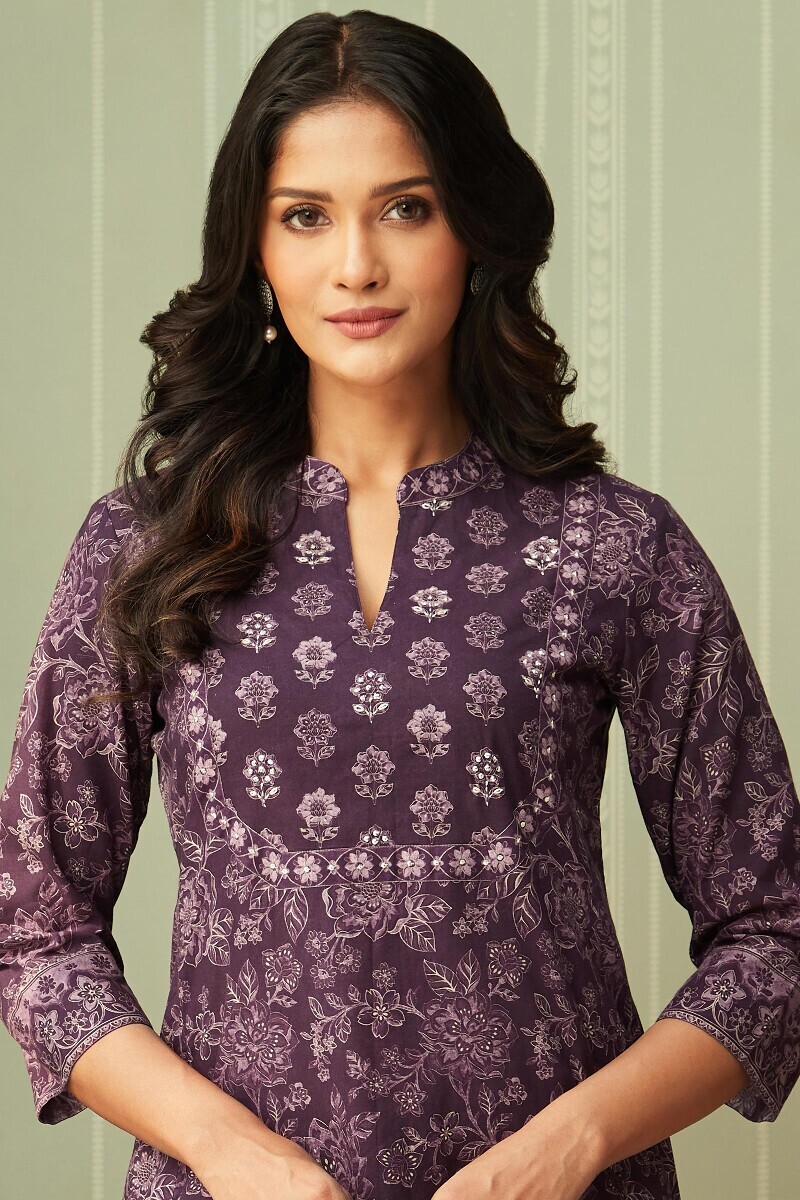 Purple Printed Straight Cotton Kurta