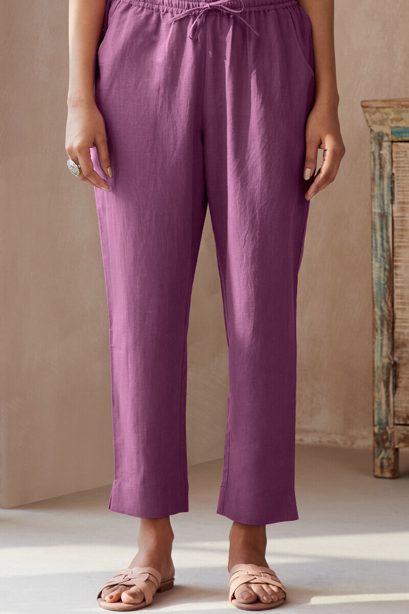 Purple Handcrafted Cotton Flax Narrow Pants