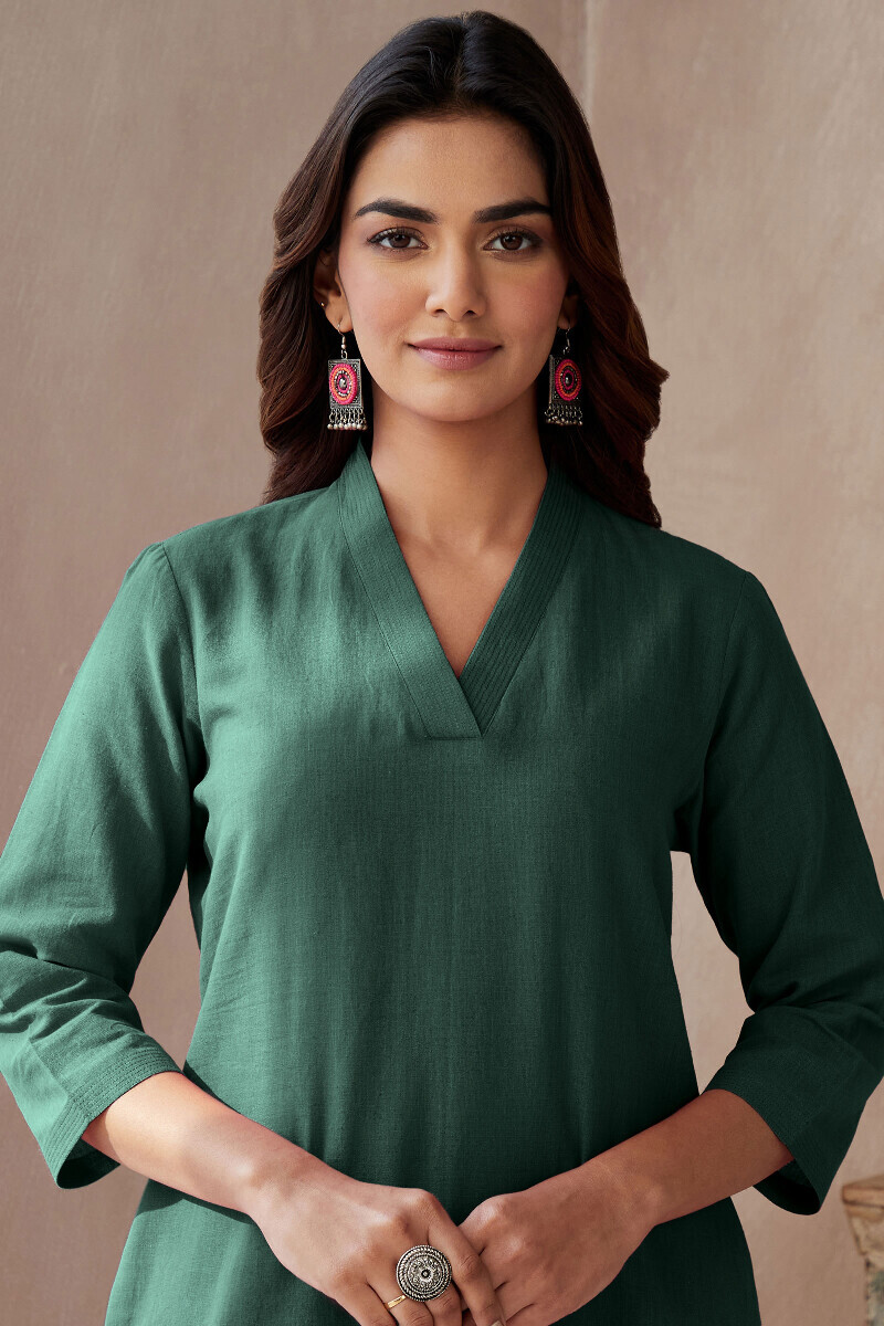 Jade Green Handcrafted Straight Cotton Flax Kurta