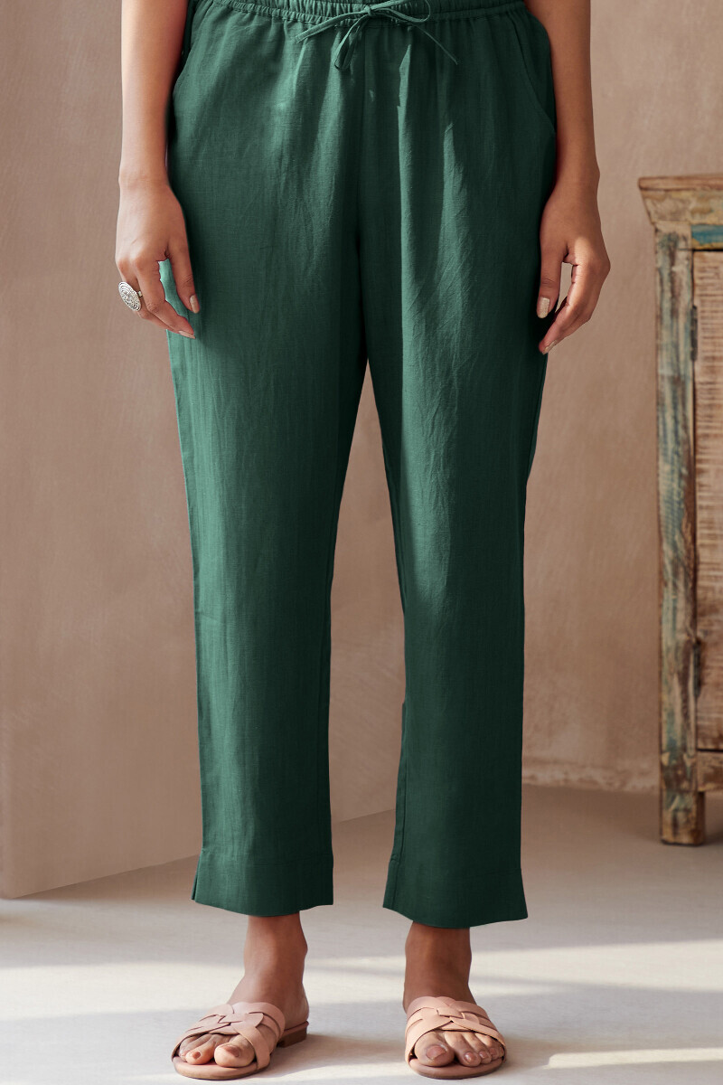 Jade Green Handcrafted Cotton Flax Narrow Pants