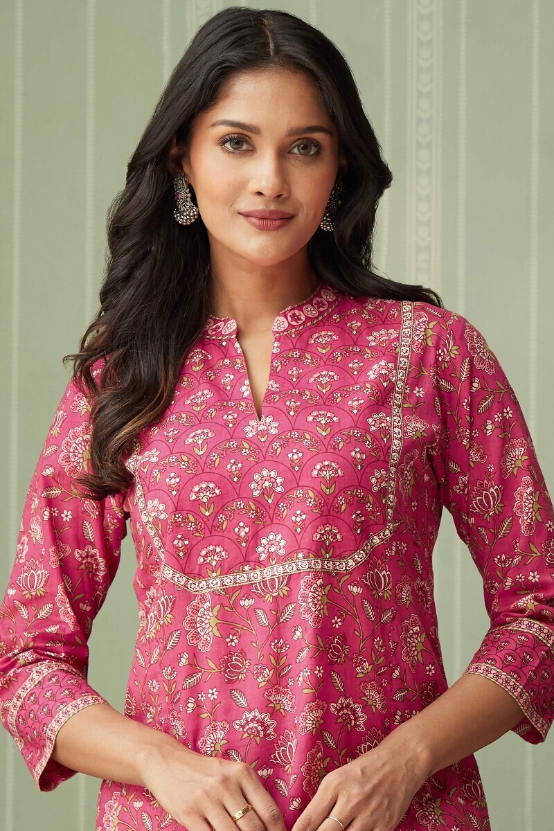 Pink Hand Printed Straight Cotton Kurta