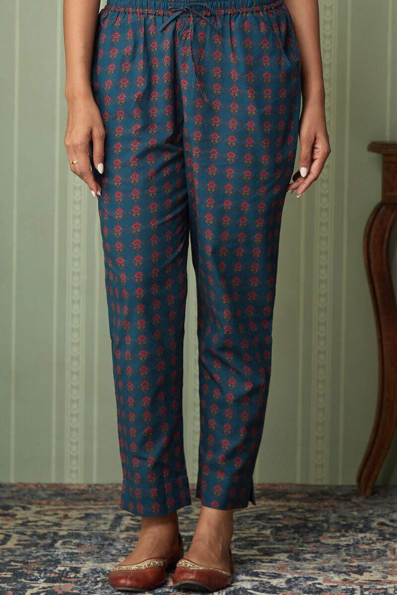 Blue Printed Cotton Narrow Pants