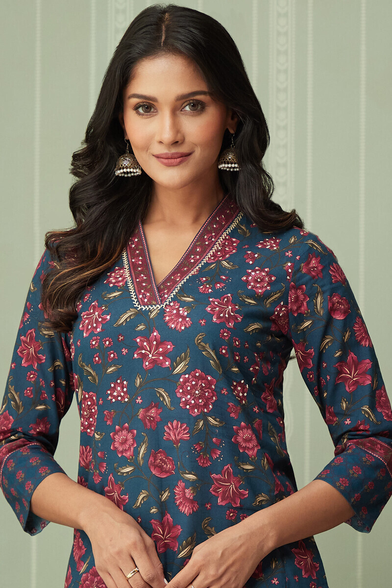 Blue Printed Straight Cotton Kurta