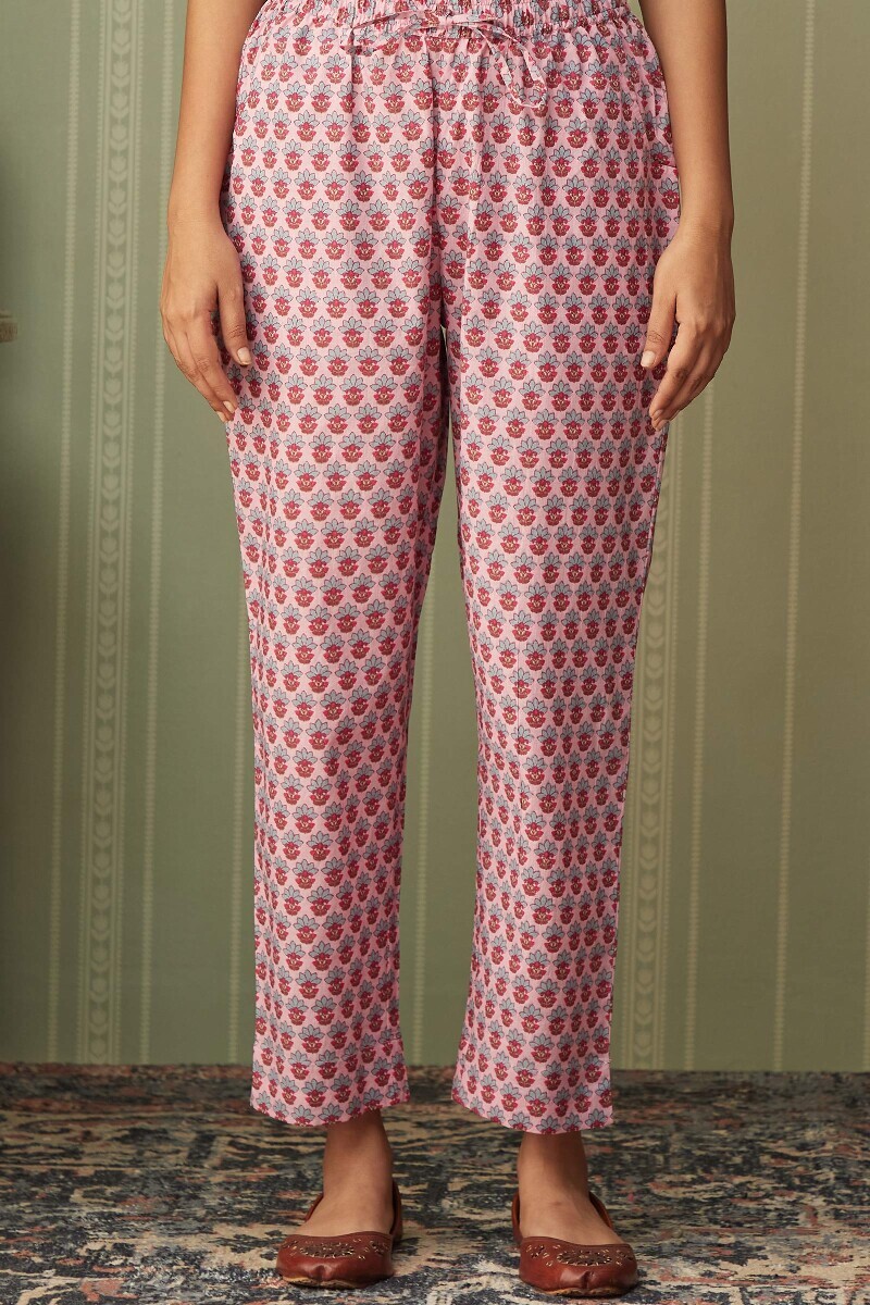Pink Hand Printed Cotton Narrow Pants