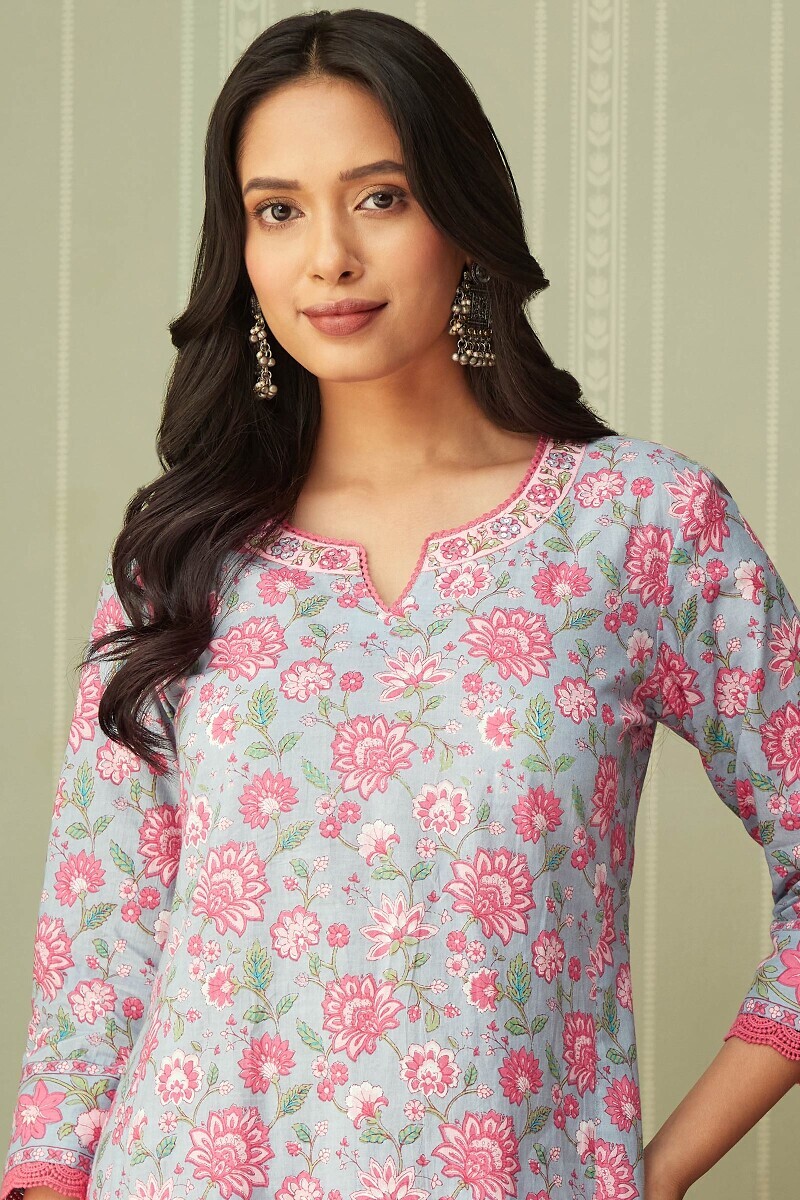 Blue Hand Printed Straight Cotton Kurta