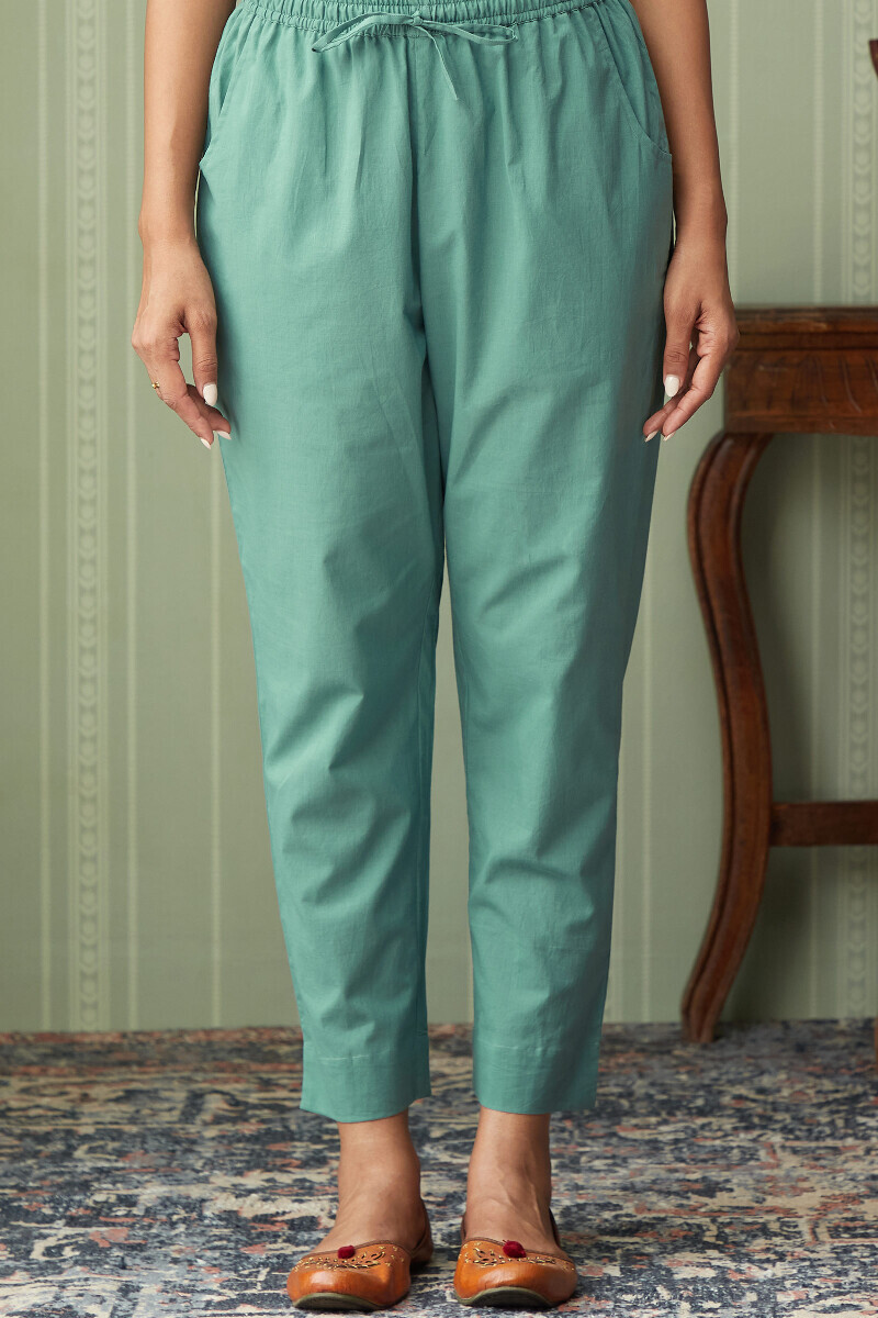 Green Handcrafted Cotton Narrow Pants