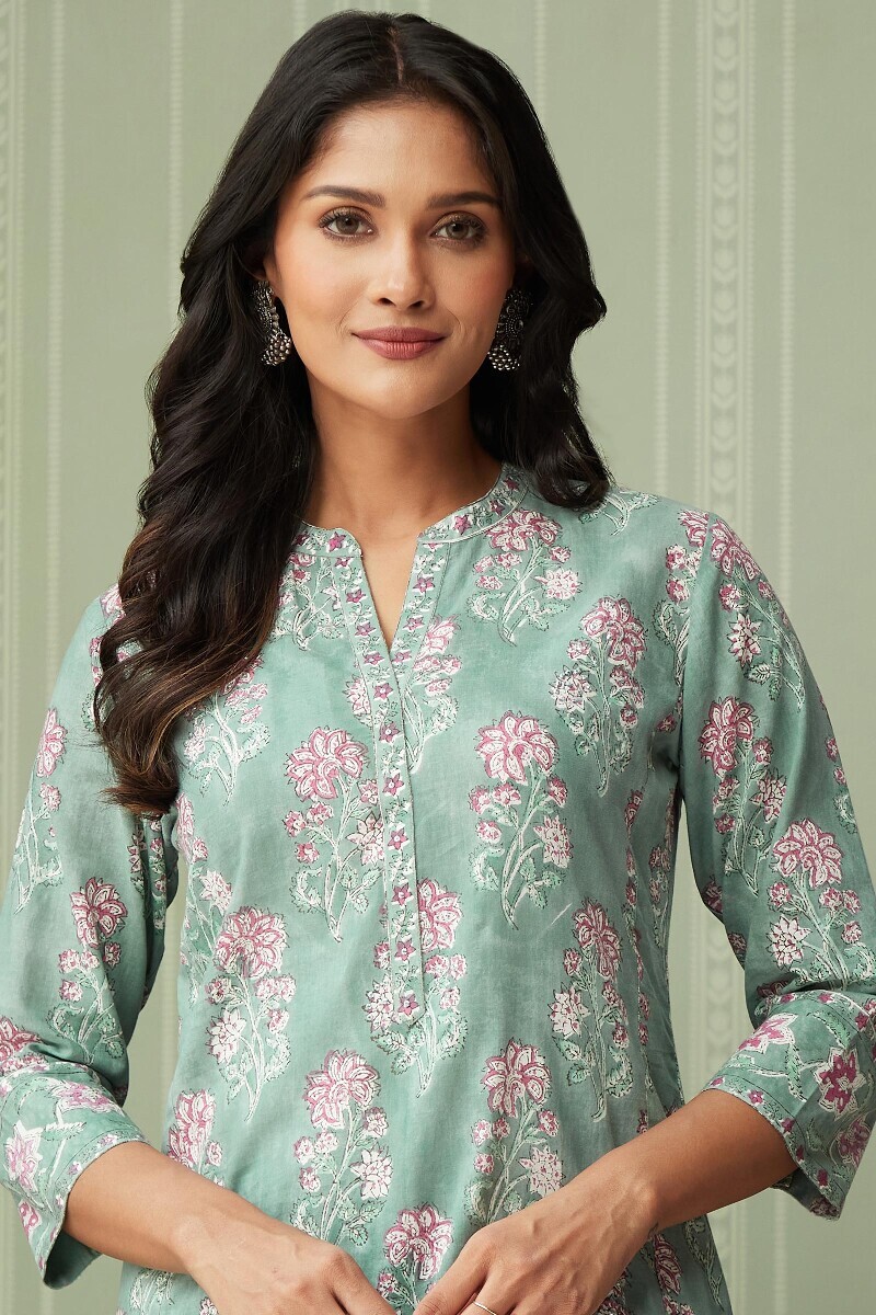 Green Hand Block-Printed Straight Cotton Kurta
