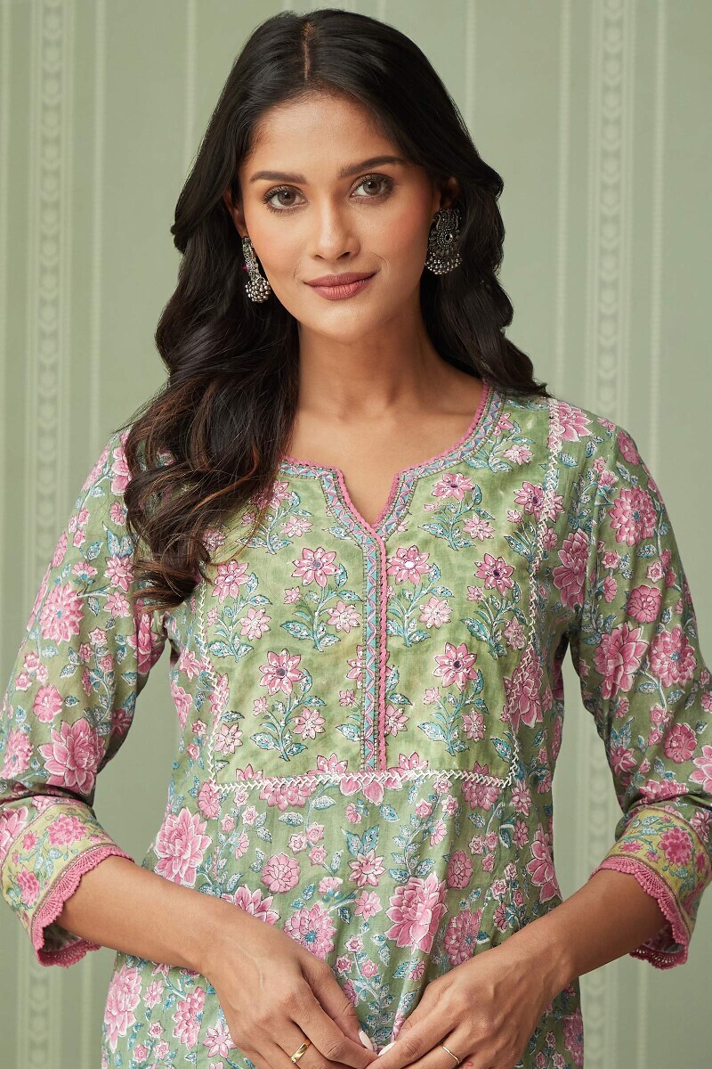 Green Hand Block-Printed Straight Cotton Kurta