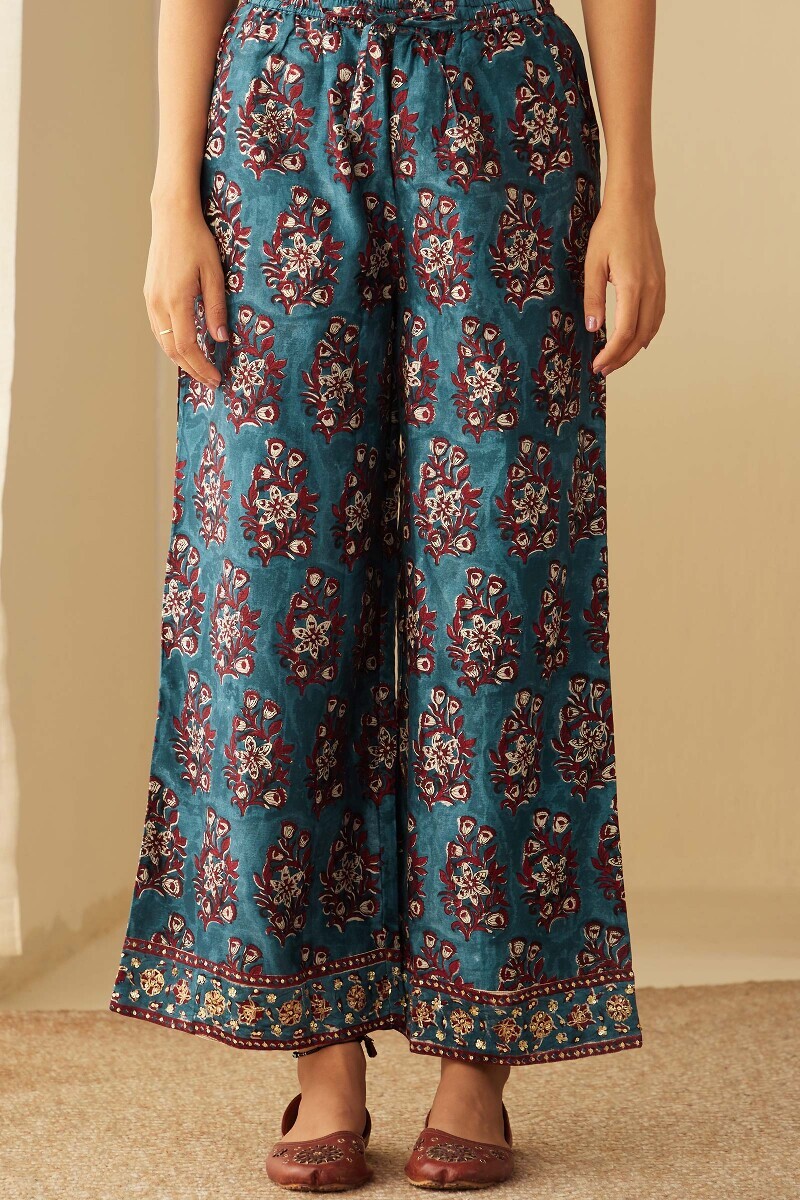 Blue Hand Block-Printed Chanderi Farsi