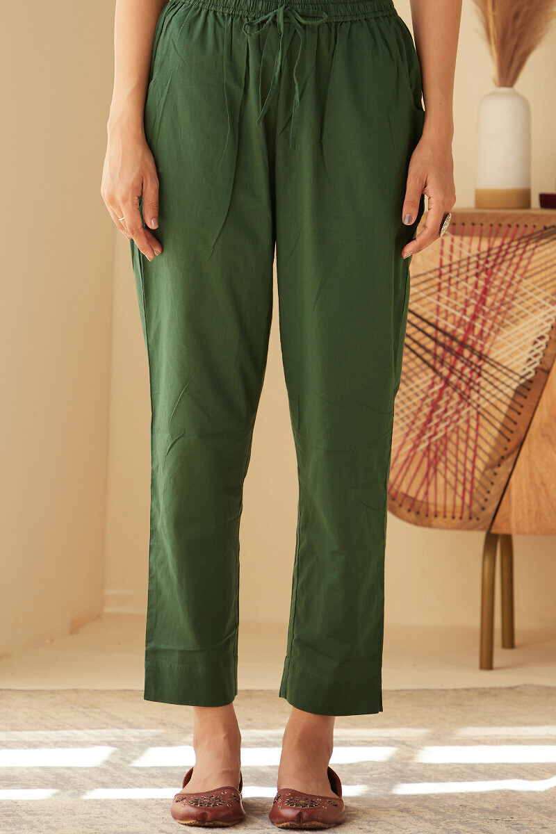 Green Handcrafted Cotton Narrow Pants