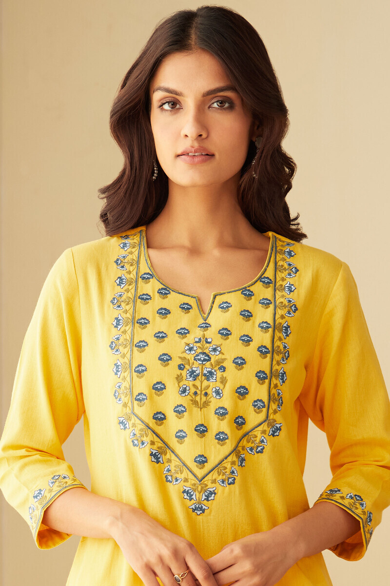 Yellow Handcrafted Straight Cotton Flax Kurta