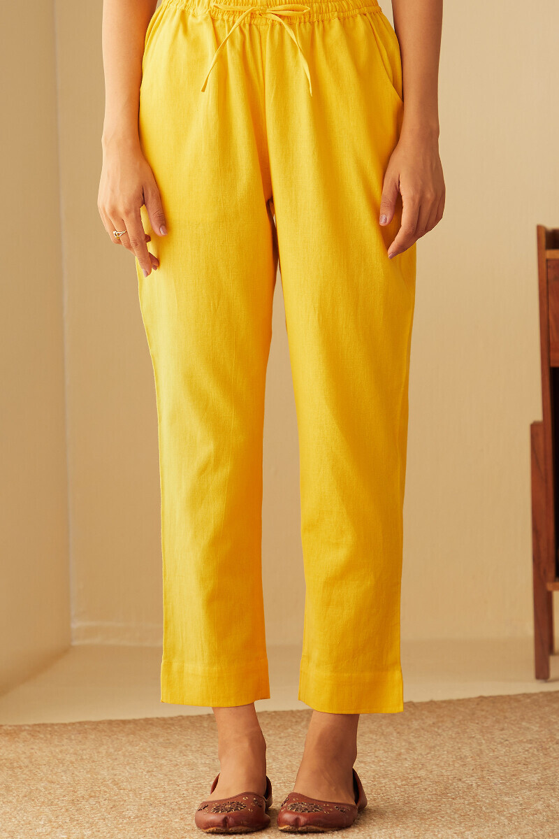 Yellow Handcrafted Cotton Flax Narrow Pants