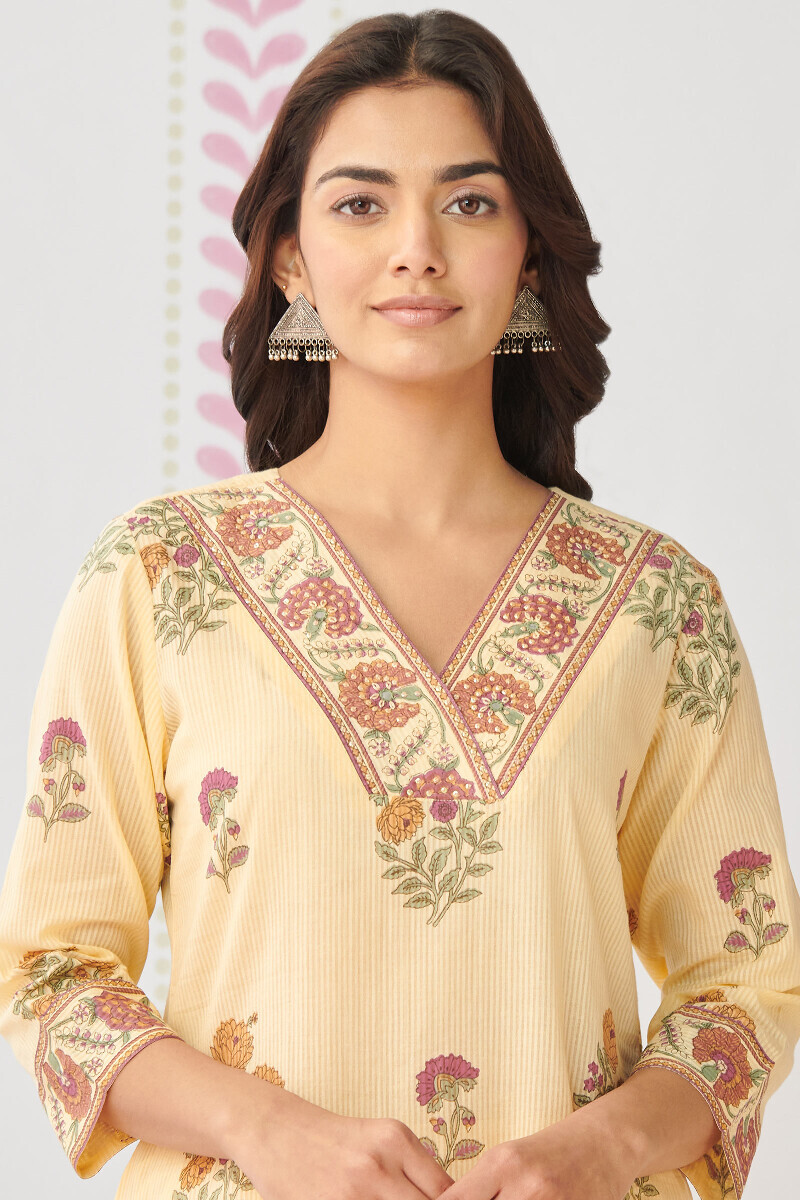 Beige Hand Printed Straight Cotton Dobby Kurta