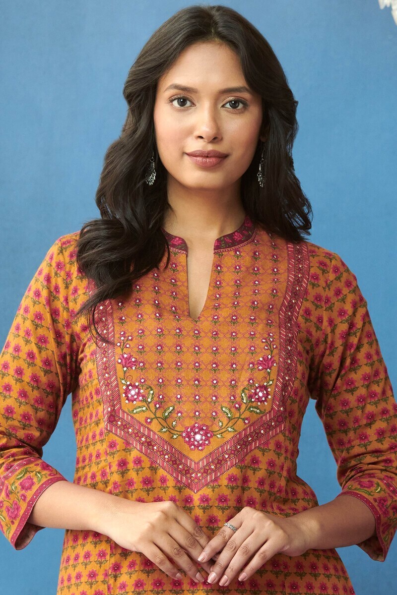 Mustard Printed Straight Cotton Kurta