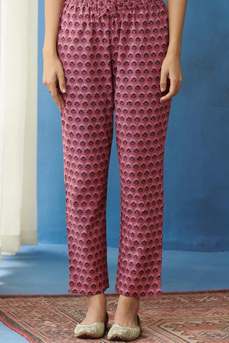 Pink Hand Printed Cotton Narrow Pants
