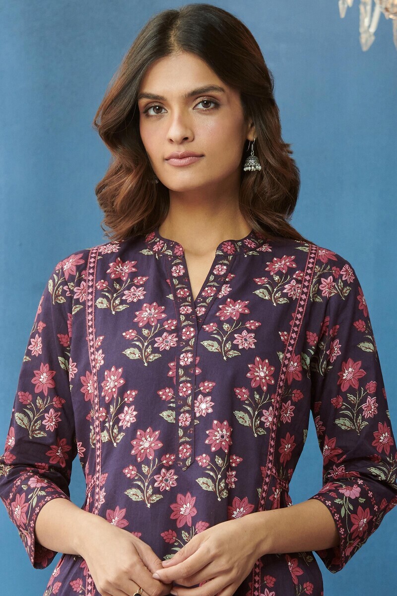 Purple Hand Printed A-Line Cotton Kurta