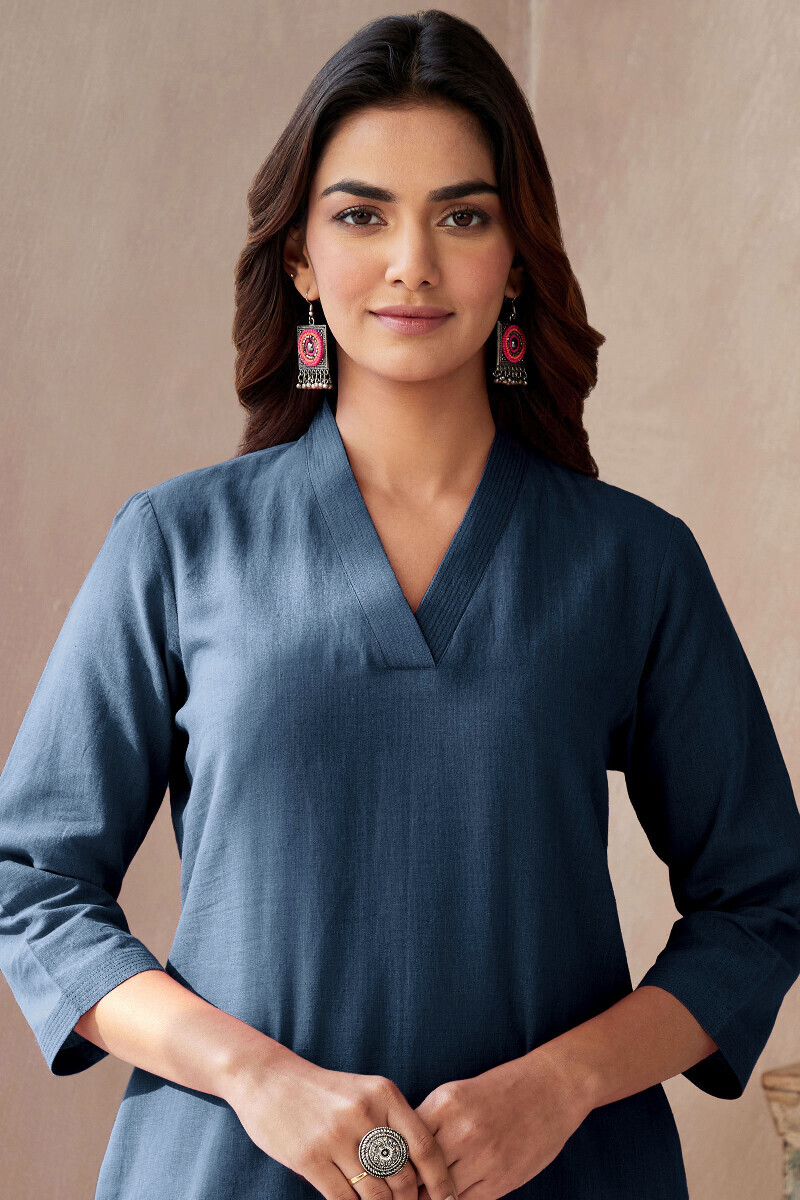 Blue Handcrafted Straight Cotton Flax Kurta