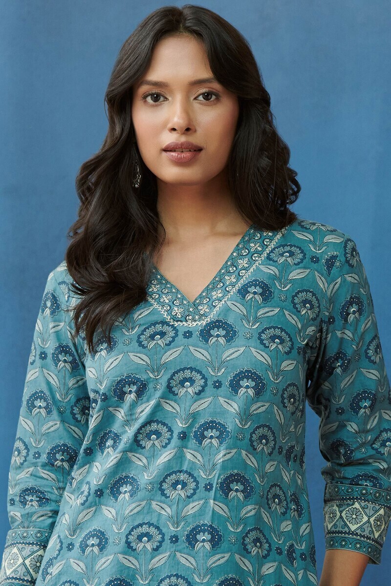 Blue Hand Printed Straight Cotton Kurta