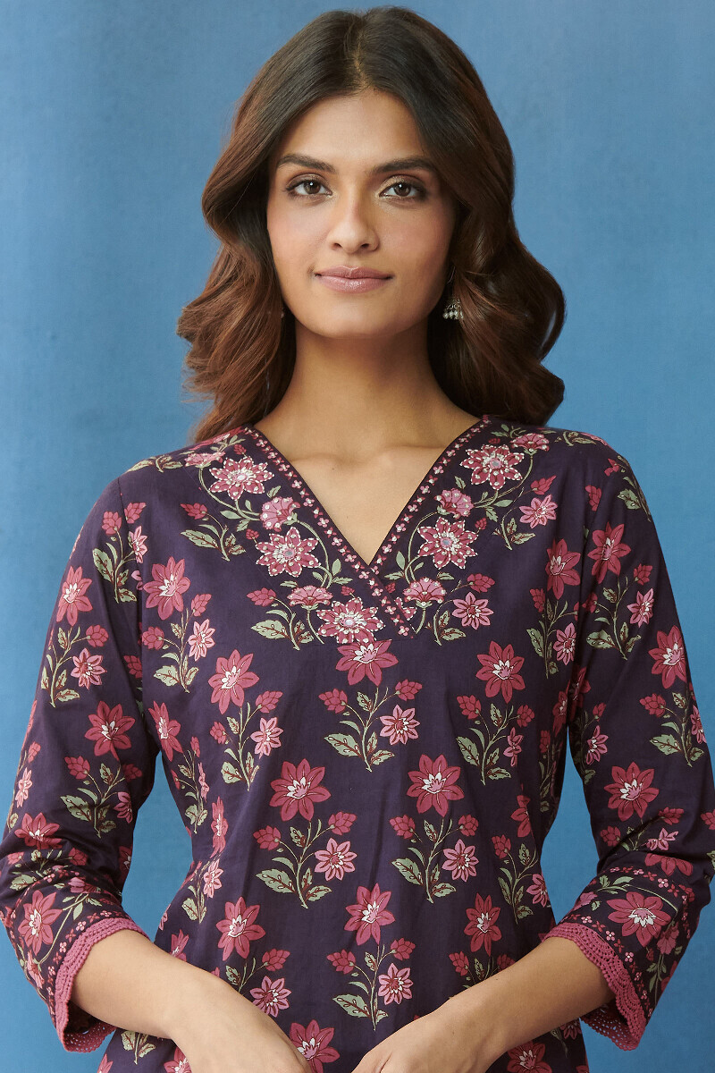 Purple Hand Printed Straight Cotton Kurta