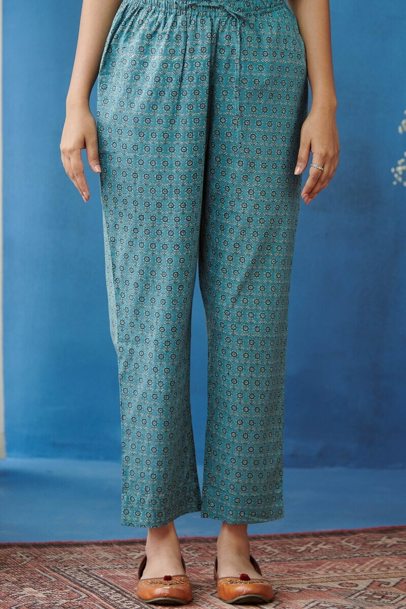 Blue Hand Printed Cotton Narrow Pants