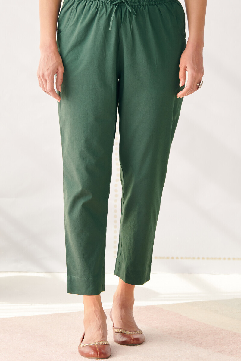 Green Handcrafted Cotton Narrow Pants