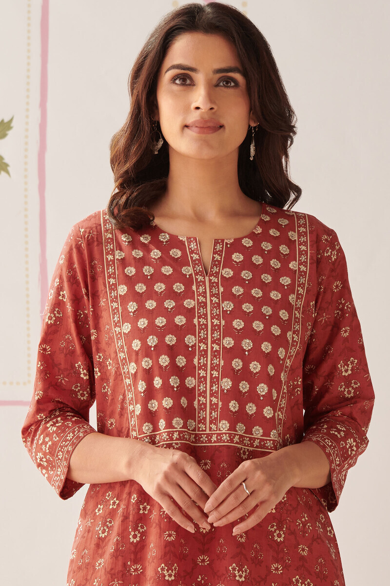 Red Hand Printed Cotton Kaftan