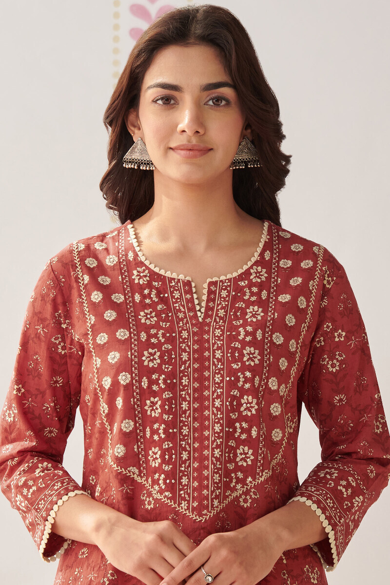 Red Hand Printed Straight Cotton Kurta