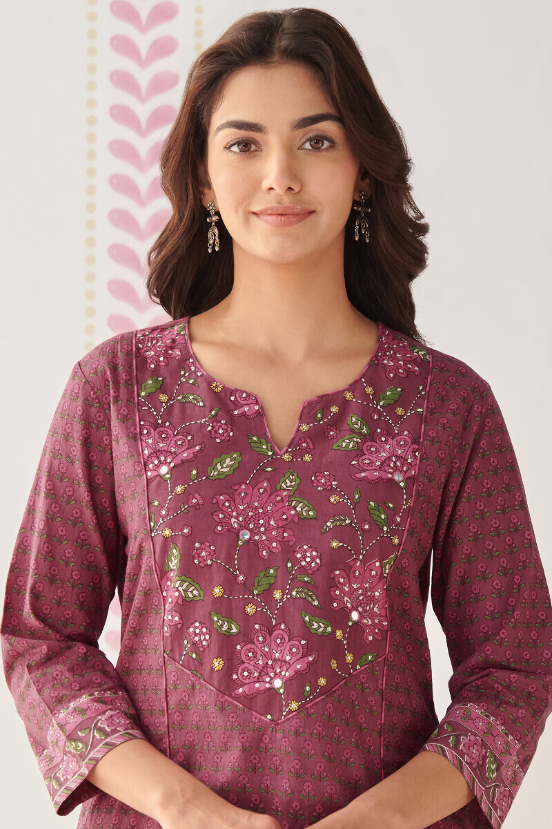 Mauve Handcrafted Straight Cotton Flax Kurta