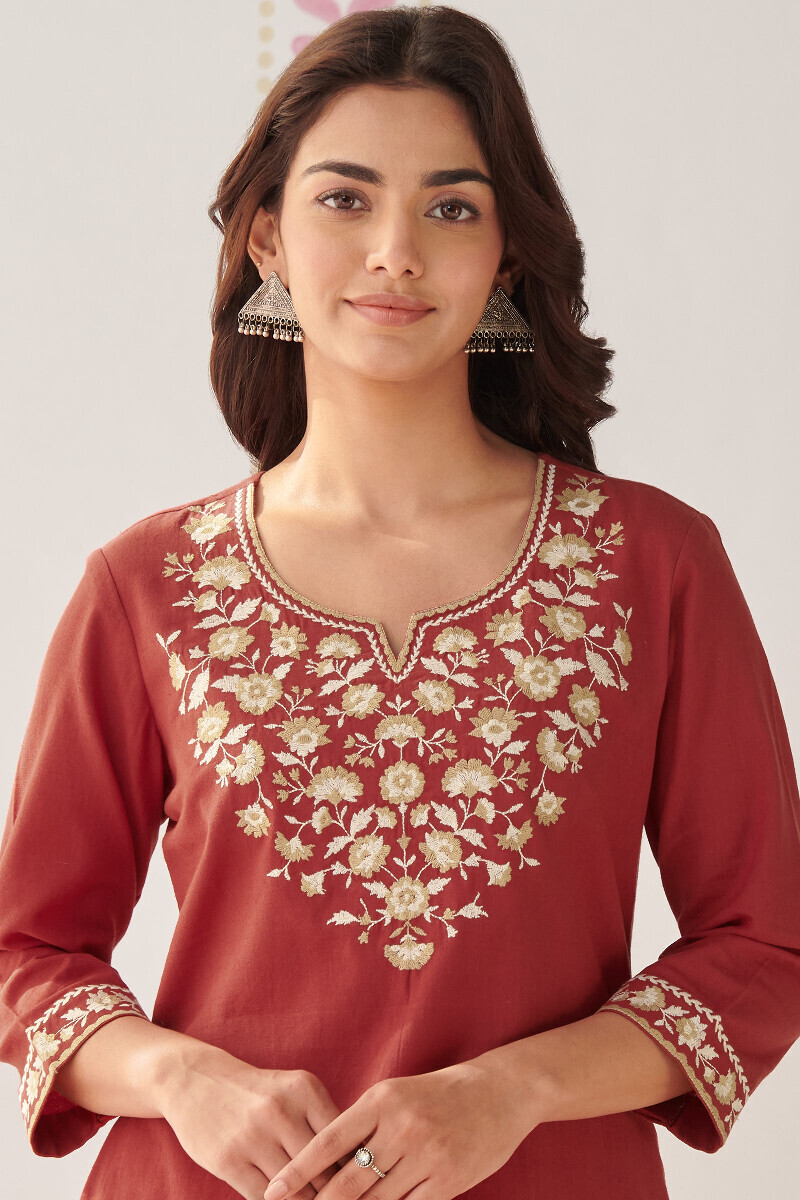 Red Handcrafted Straight Cotton Flax Kurta